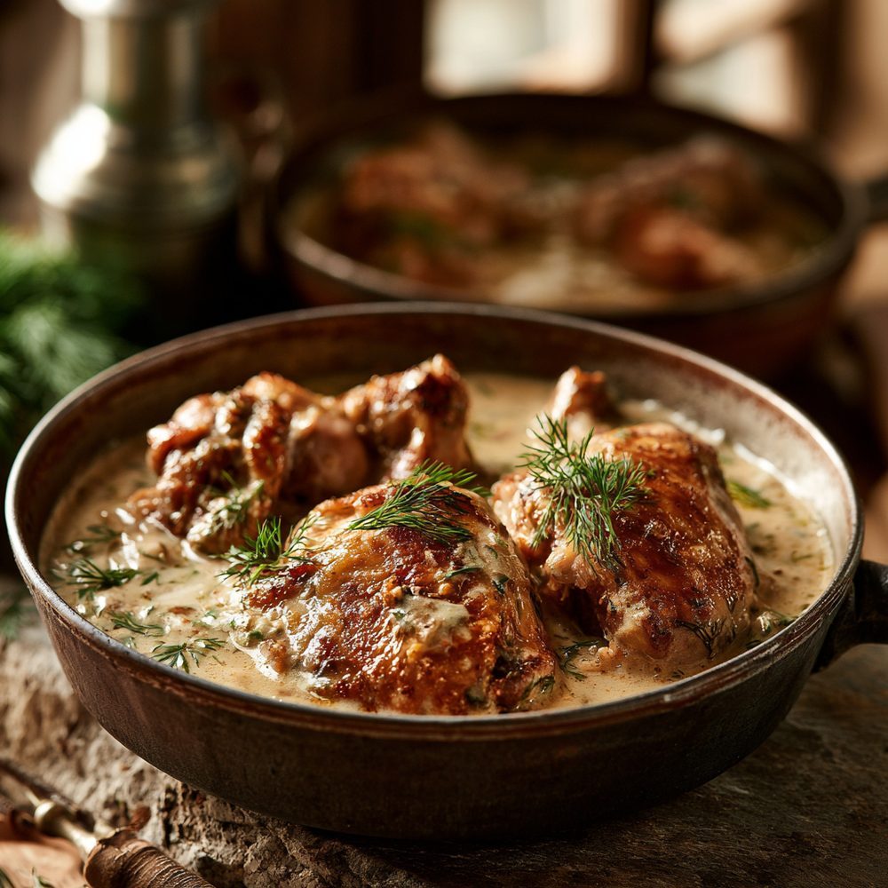 Polish Królik w Śmietanie, Rabbit in Sour Cream, plated and ready to serve