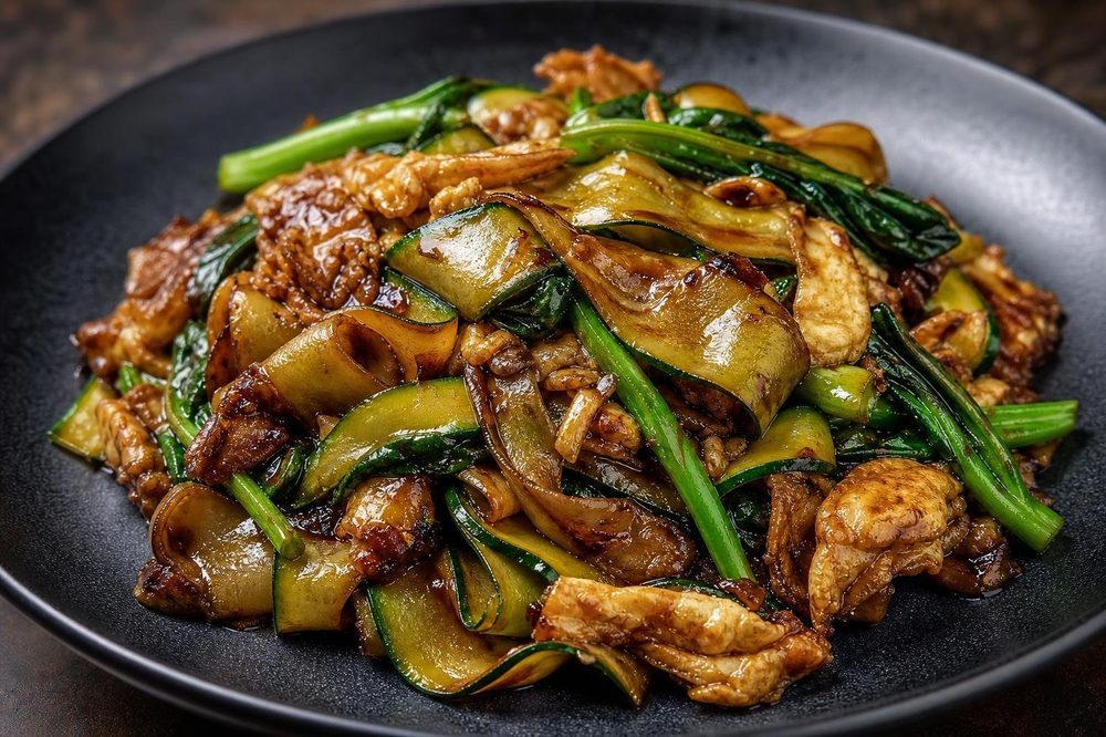 Zucchini Pad See Ew Wide Noodle Style, plated and ready to serve