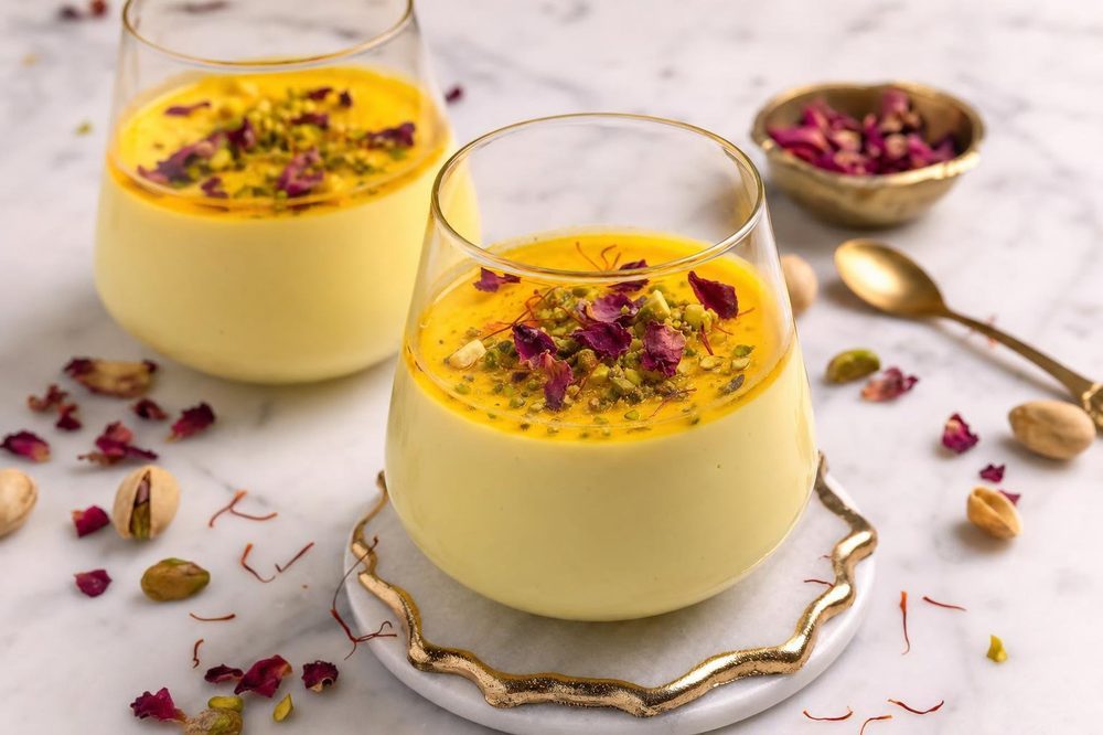 Saffron Panna Cotta, plated and ready to serve