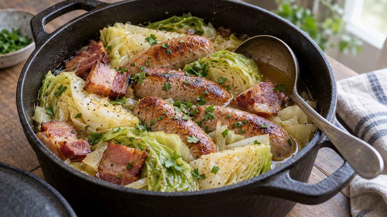Keto Sausage and Bacon Coddle, plated and ready to serve