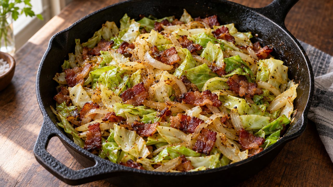 Keto Bacon and Cabbage Skillet, plated and ready to serve