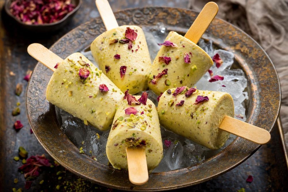 Pistachio & Rose Kulfi, plated and ready to serve