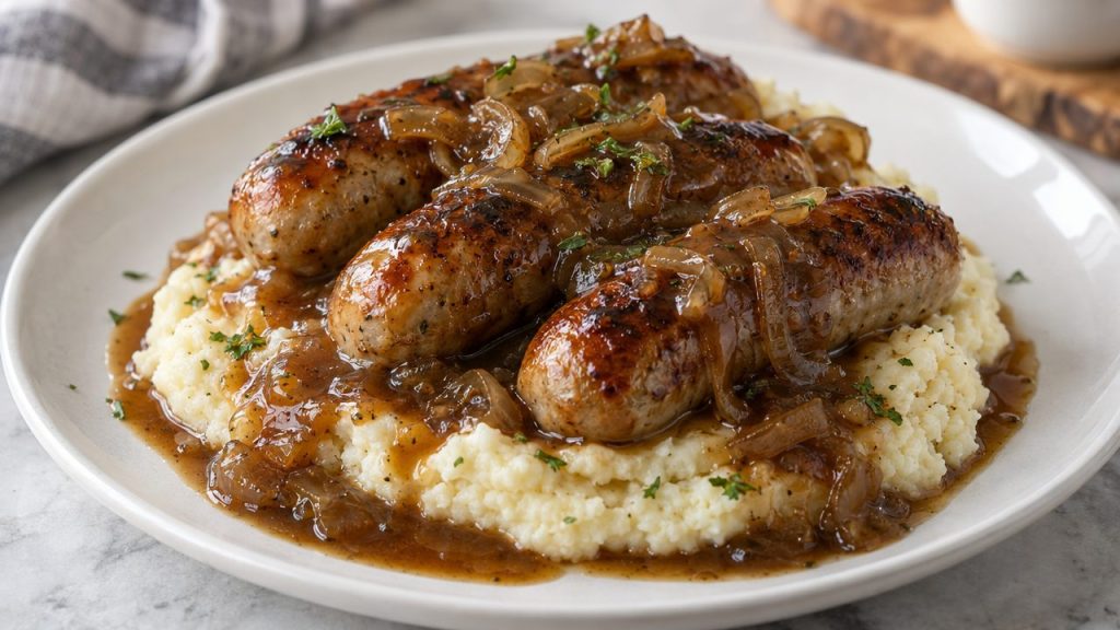Keto Bangers and Cauliflower Mash, plated and ready to serve