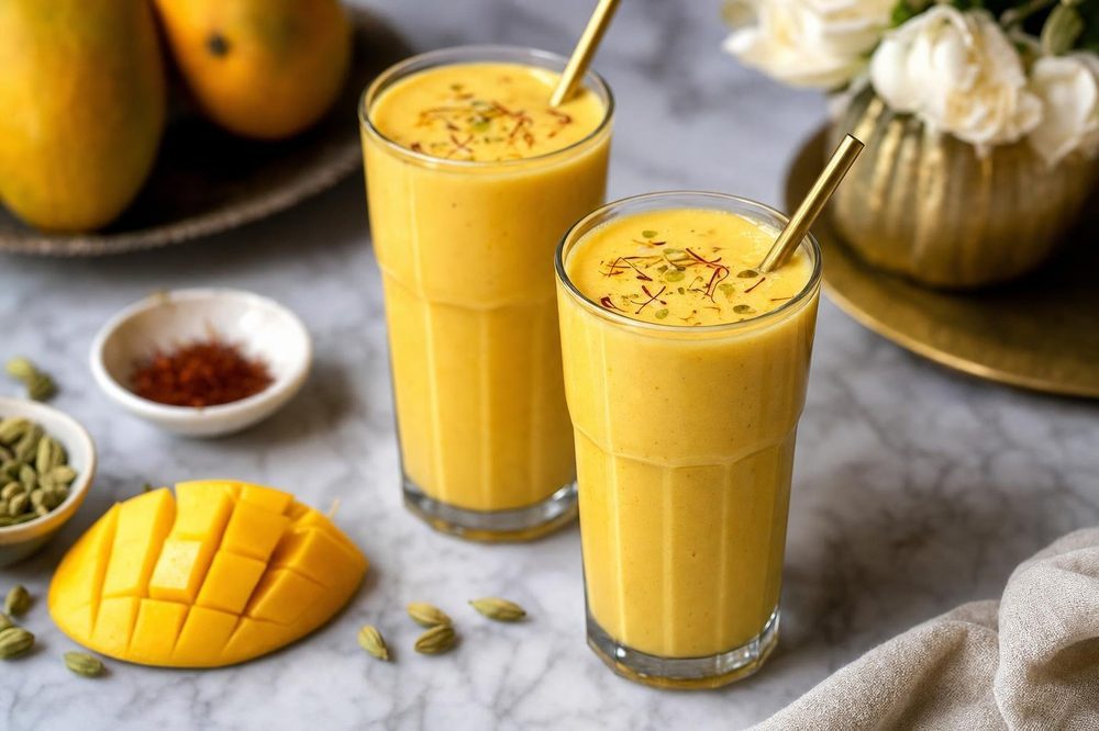 Keto Mango Lassi, plated and ready to serve