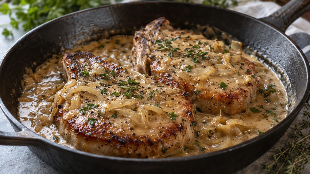 Keto Irish Pork Chops with Gravy, plated and ready to serve