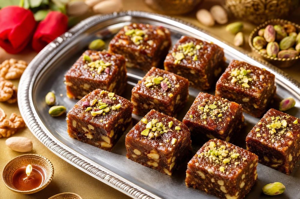 Date & Walnut Barfi, plated and ready to serve