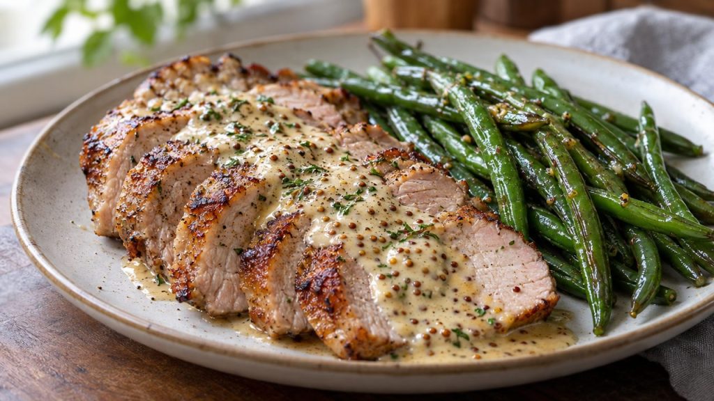 Keto Irish Pork Steaks in Mustard Sauce, plated and ready to serve