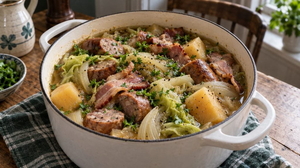 Keto Dublin Coddle, plated and ready to serve