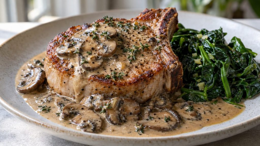 Keto Irish Pork Chops with Mushroom Sauce, plated and ready to serve