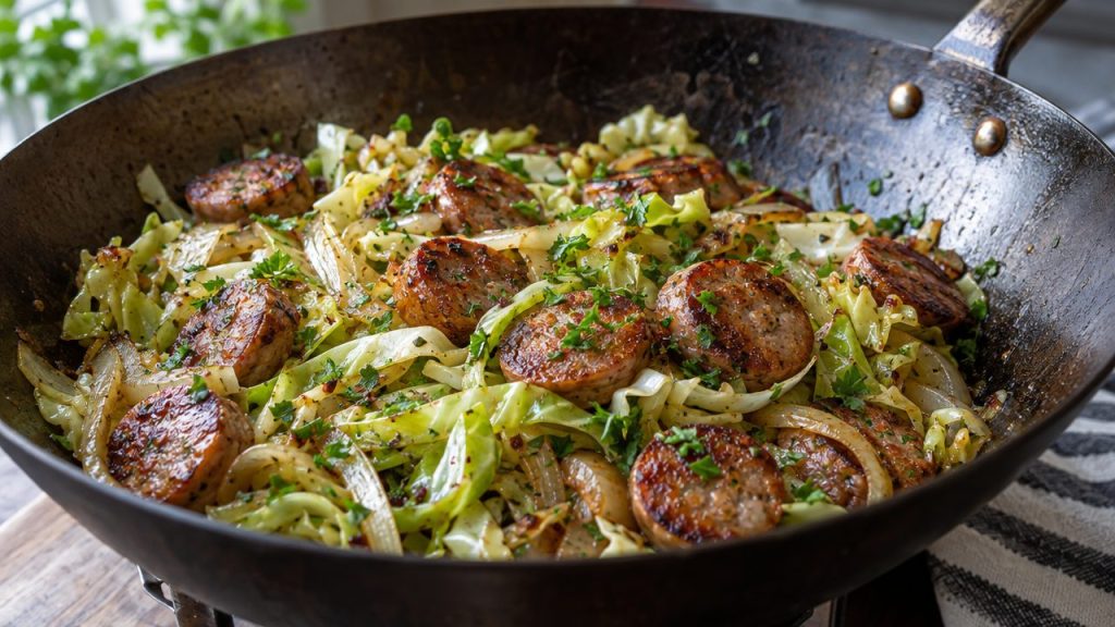 Keto Irish Sausage and Cabbage Stir-Fry, plated and ready to serve