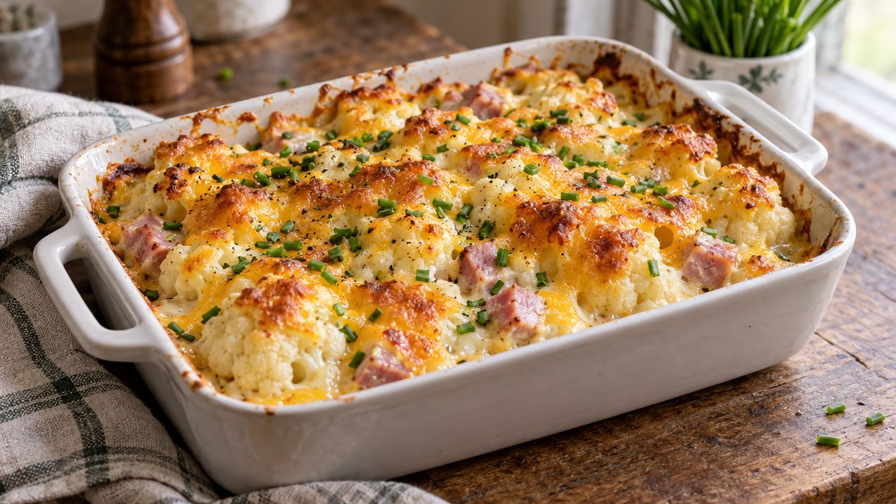 Keto Irish Creamy Cauliflower and Ham Bake, plated and ready to serve