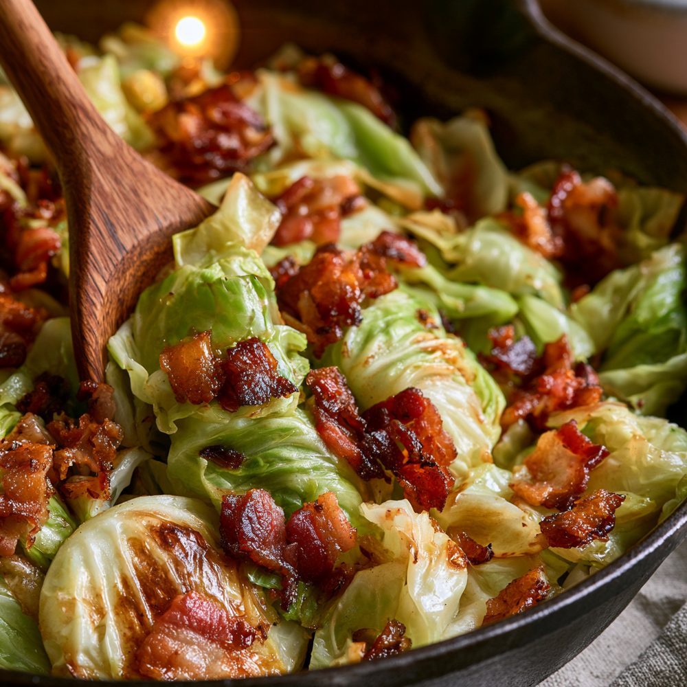 Fried Cabbage with Bacon, plated and ready to serve