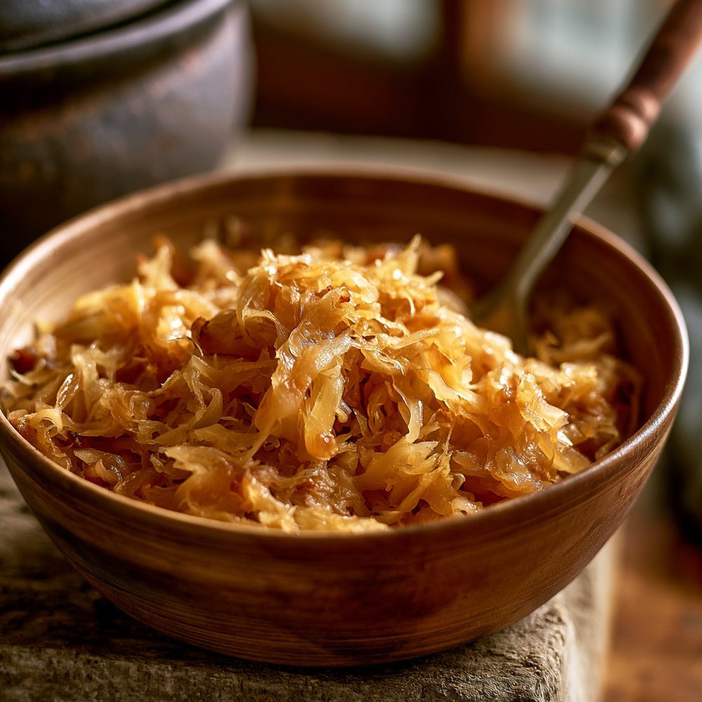 Polish Kapusta Kiszona, Braised Sauerkraut, plated and ready to serve
