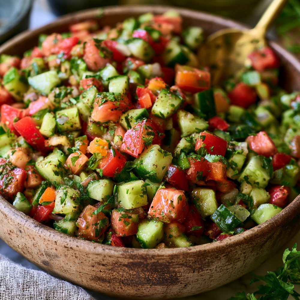Israeli Chopped Salad, plated and ready to serve
