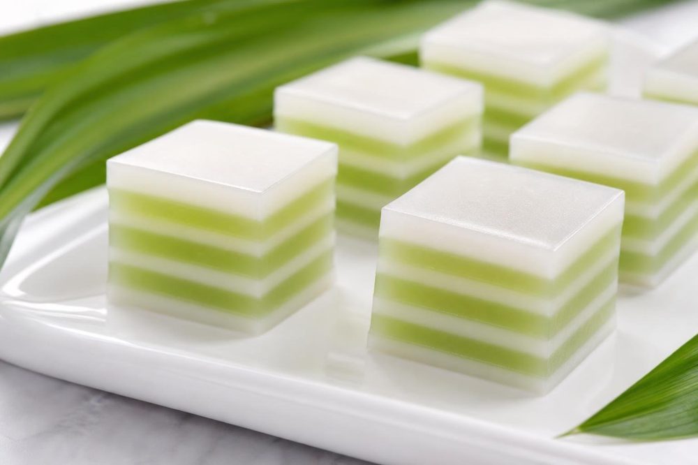 Woon Gati Coconut Jelly Layers, plated and ready to serve