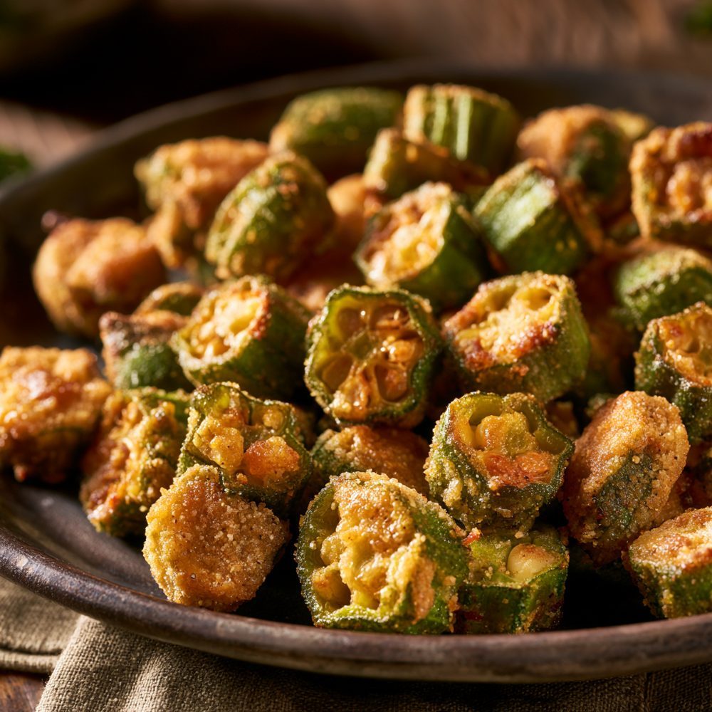 Pan-Fried Okra, Cornmeal-Style Crust, plated and ready to serve
