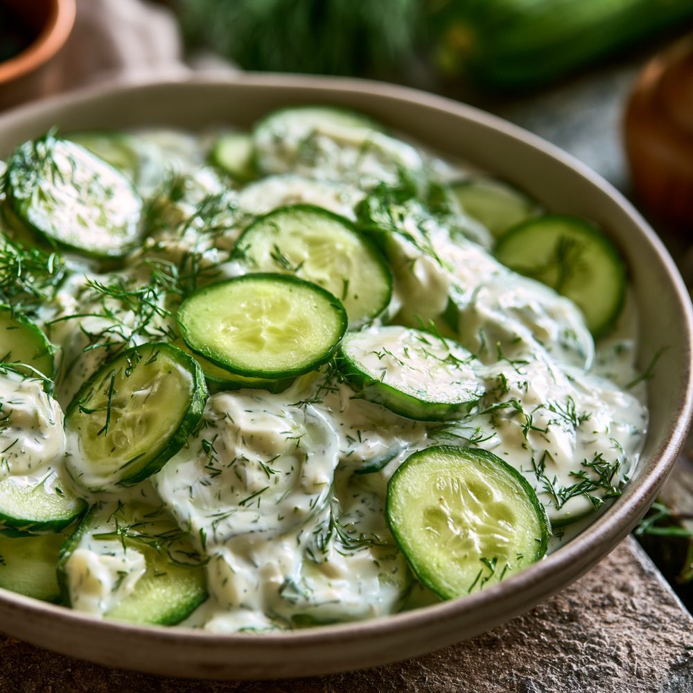 Polish Mizeria, Cucumber & Sour Cream Salad, plated and ready to serve