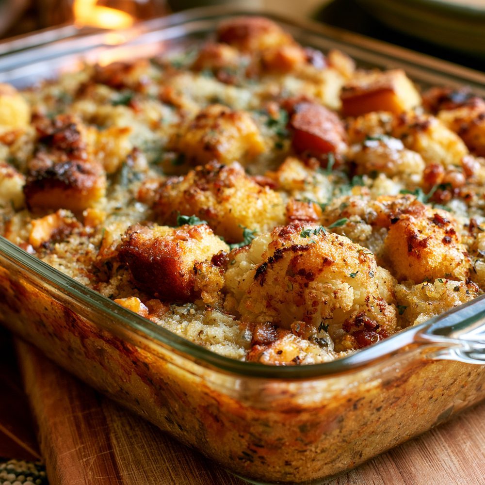 Cauliflower Cornbread Dressing, plated and ready to serve