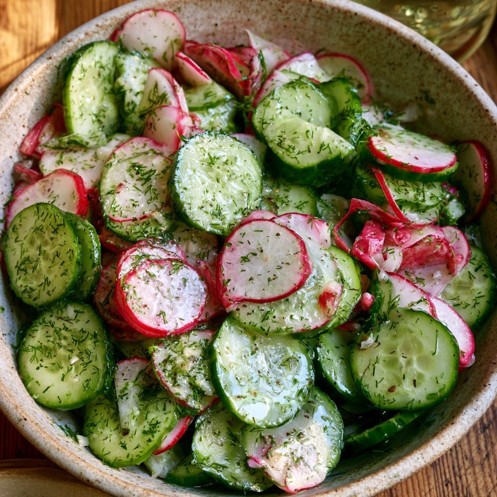 Cucumber and Radish Salad, Dill Vinaigrette, plated and ready to serve