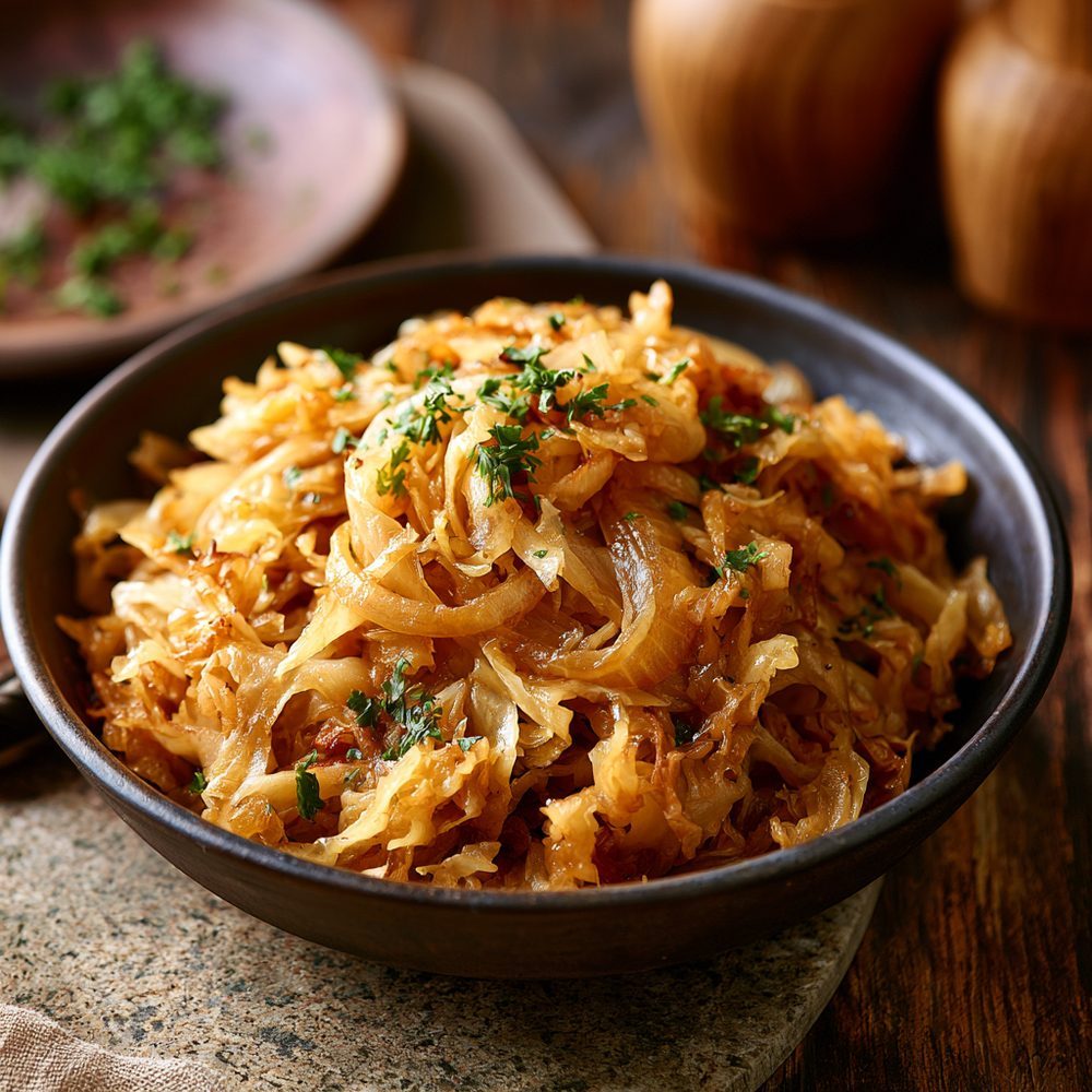 Polish Kapusta Zasmażana, Braised Cabbage, plated and ready to serve