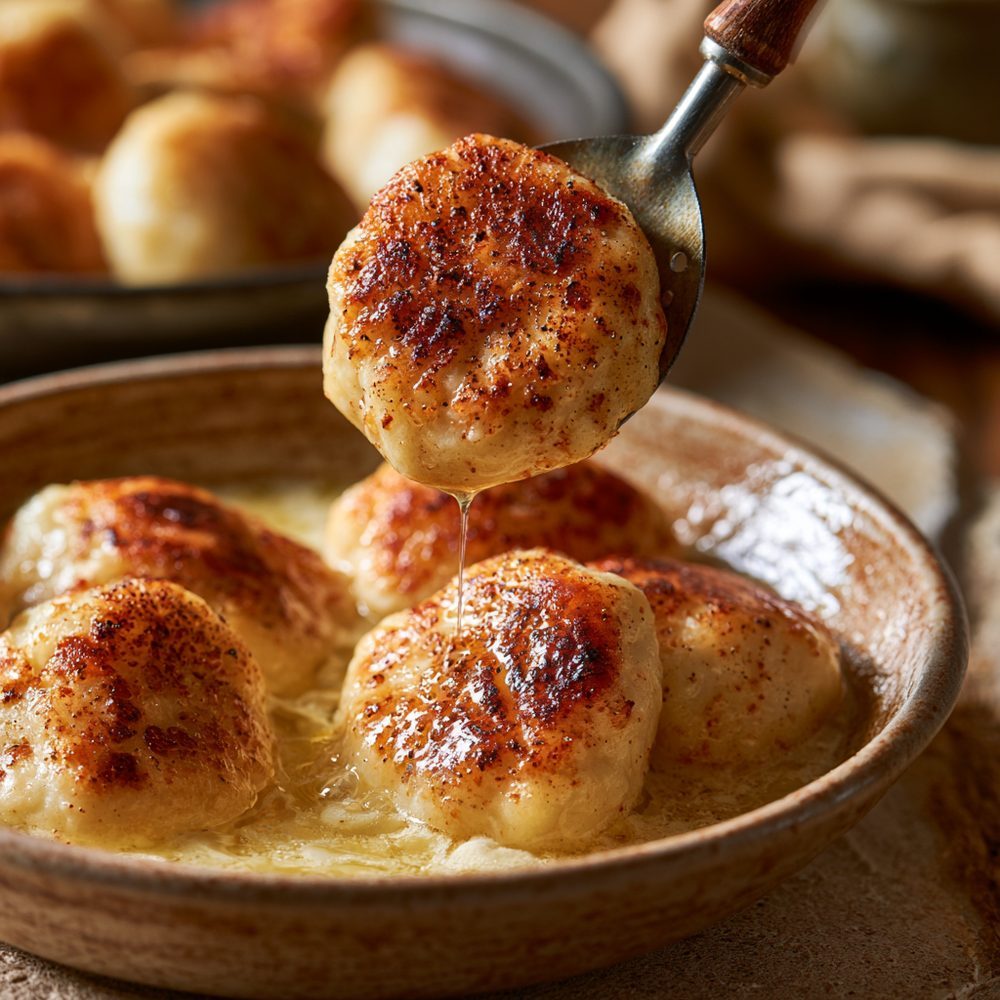 Polish Cauliflower Kluski, Almond Flour Dumplings, plated and ready to serve