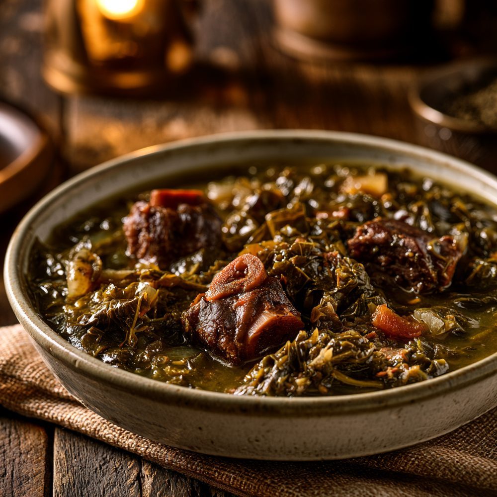 Turnip Greens with Smoked Neck Bones, plated and ready to serve