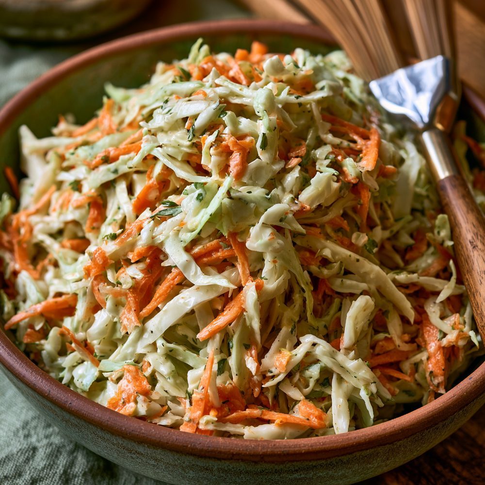 Cabbage and Carrot Slaw, plated and ready to serve