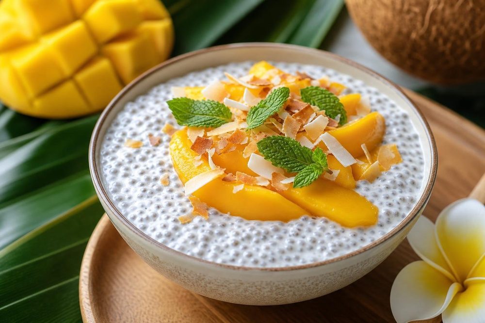 Mango Coconut Chia Pudding Thai Style, plated and ready to serve