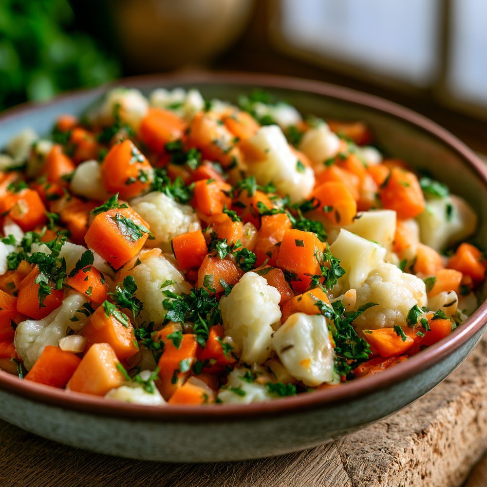 Polish Carrot & Cauliflower Sauté, plated and ready to serve
