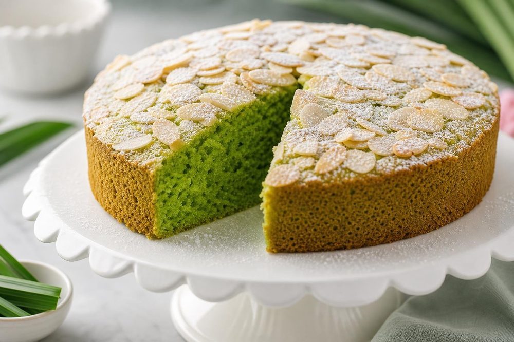 Almond Pandan Cake Thai Green Cake, plated and ready to serve