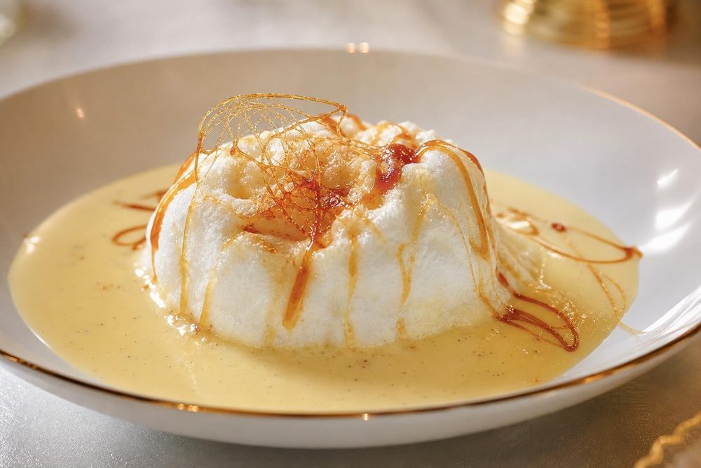 Île Flottante Keto, plated and ready to serve