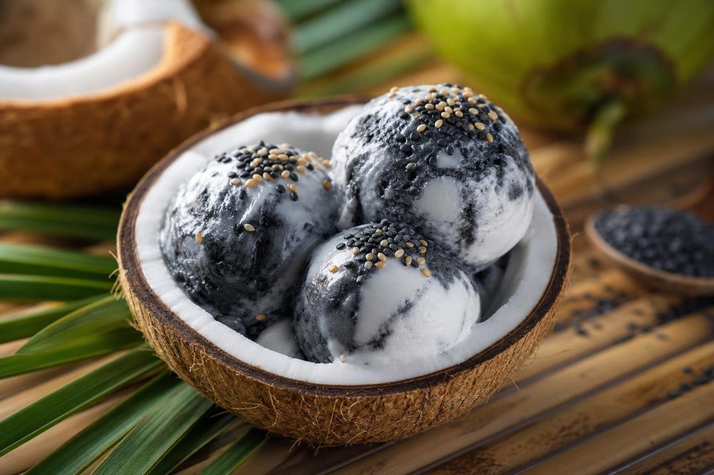 Black Sesame Coconut Ice Cream, plated and ready to serve
