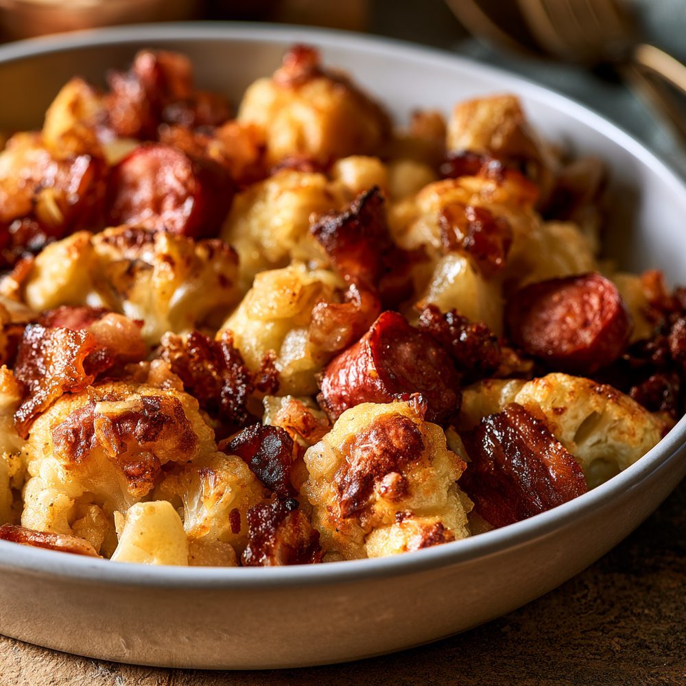 Polish Cauliflower & Bacon Bake, plated and ready to serve