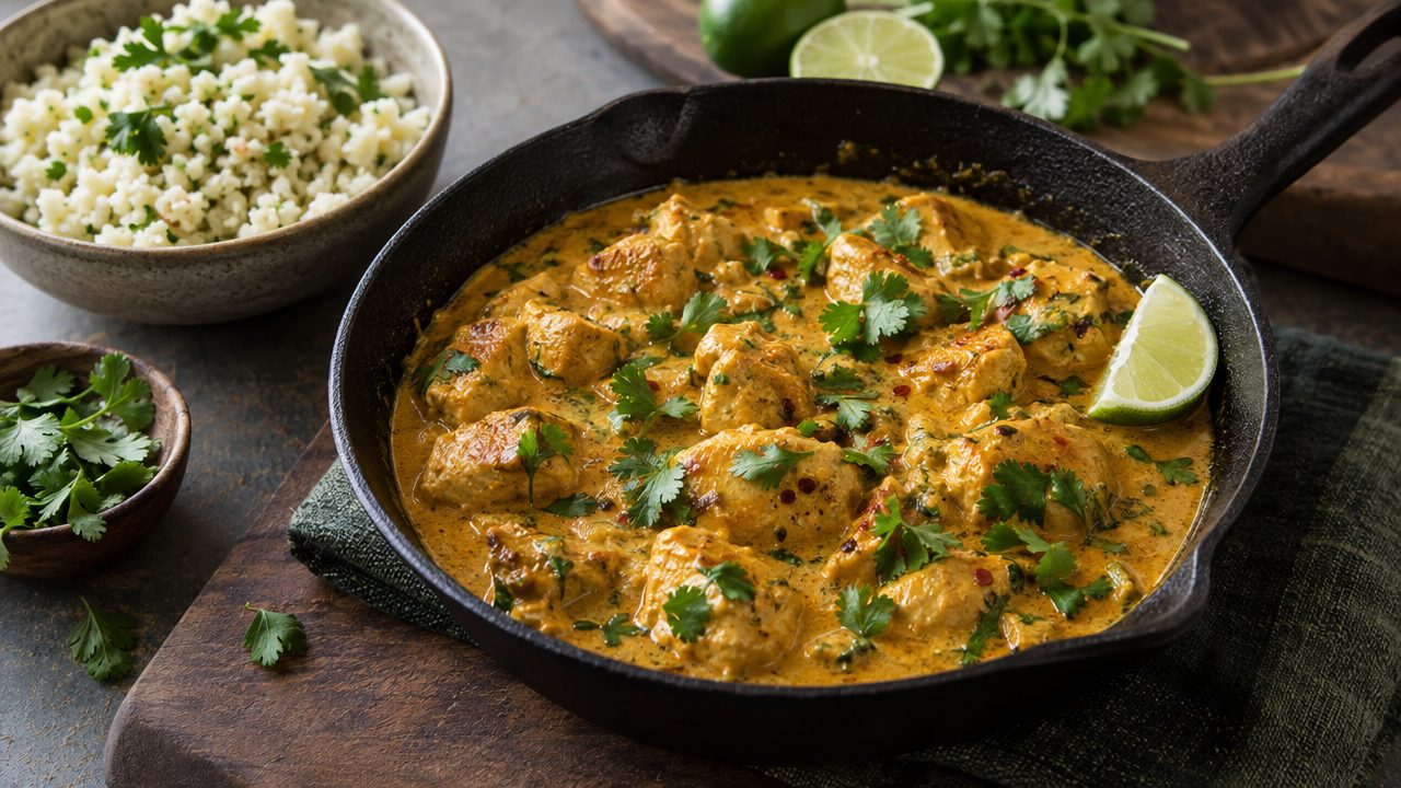 Keto Irish Chicken Curry, plated and ready to serve