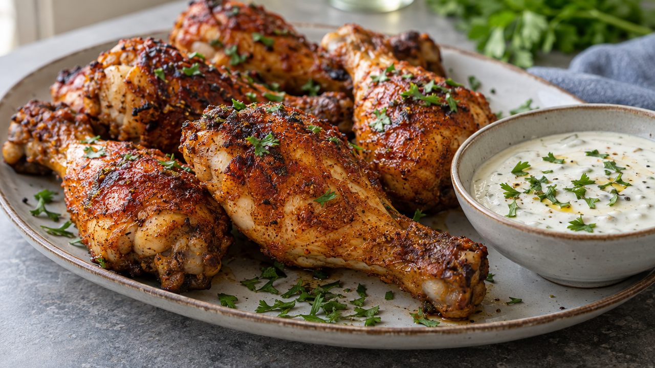 Keto Irish Chicken Drumsticks with Creamy Garlic Sauce, plated and ready to serve