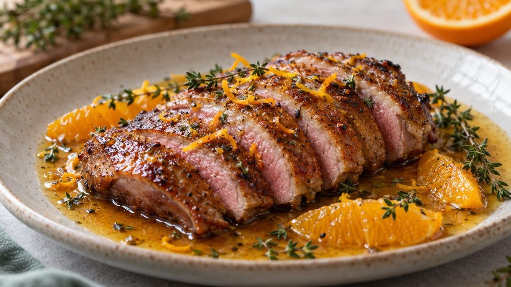 Keto Irish Duck with Orange and Thyme, plated and ready to serve