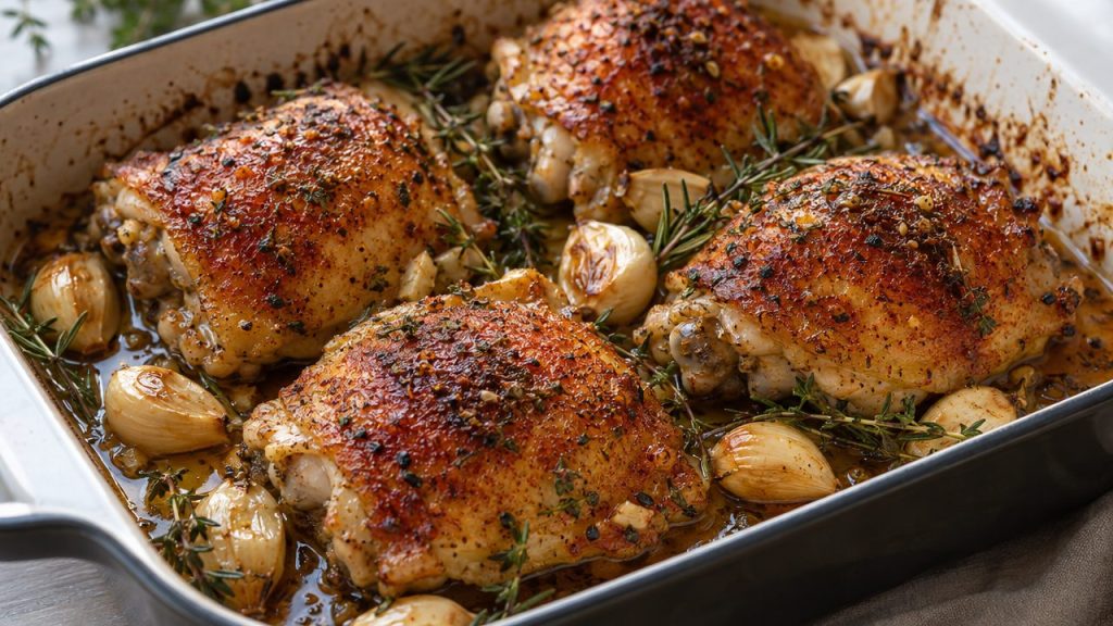 Keto Irish Garlic Roasted Chicken Thighs, plated and ready to serve