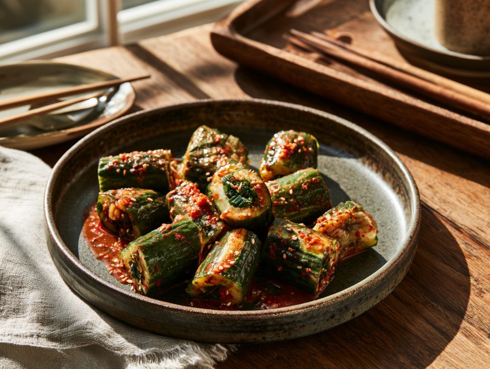 Korean Oi-sobagi, plated and ready to serve