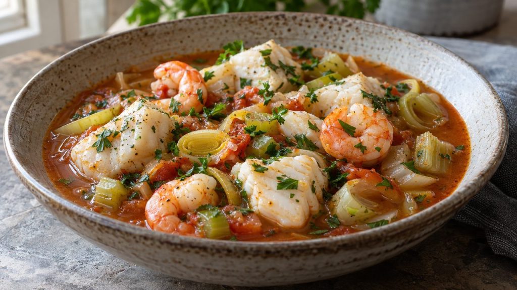 Keto Irish Fish Stew, plated and ready to serve