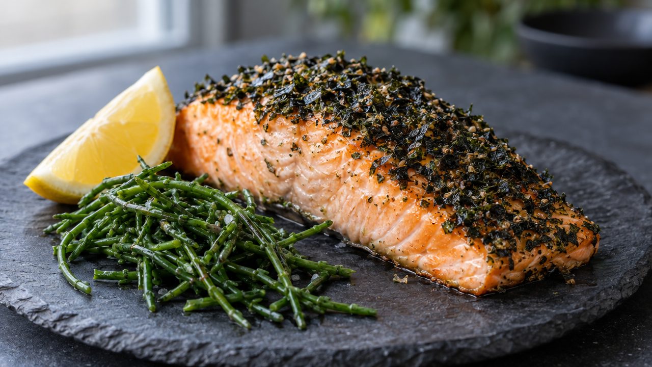 Keto Irish Seaweed Crusted Salmon, plated and ready to serve
