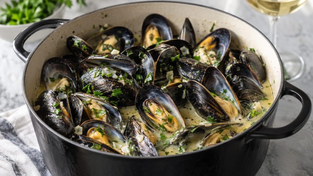 Keto Irish Mussels in Creamy Broth, plated and ready to serve