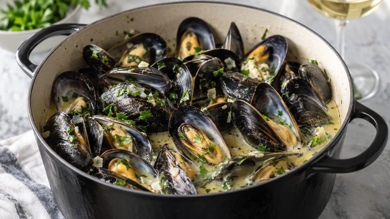 Keto Irish Mussels in Creamy Broth, plated and ready to serve