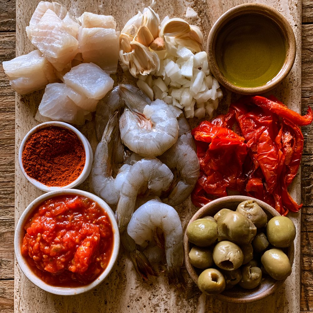Ingredients for Christmas-Eve Shrimp & Bacalao Stir-Fry