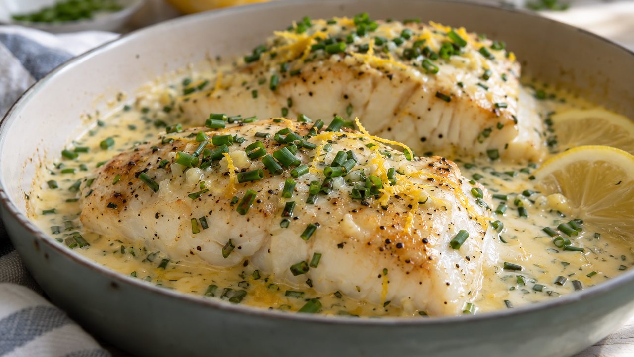 Keto Irish Haddock in Garlic Cream, plated and ready to serve