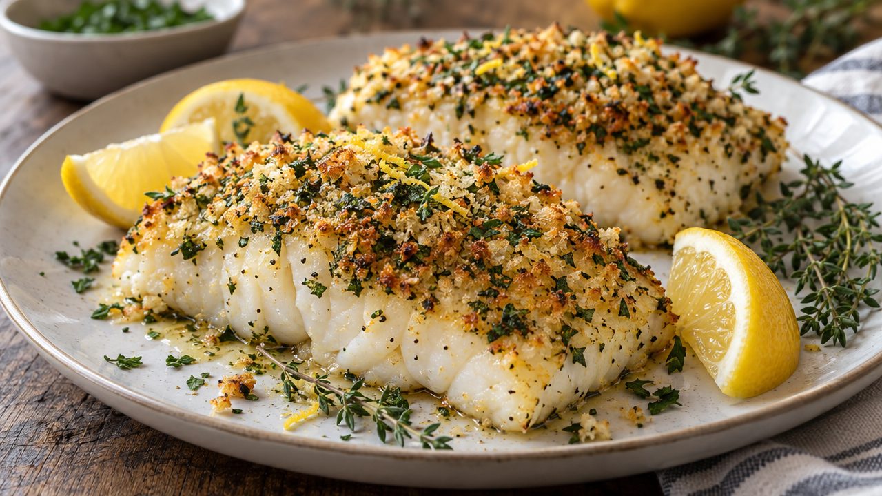 Keto Irish Baked Cod with Herb Crust, plated and ready to serve