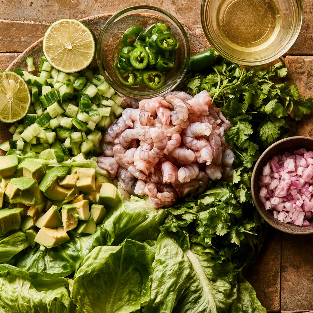 Ingredients for Shrimp Ceviche Lettuce “Tostadas”
