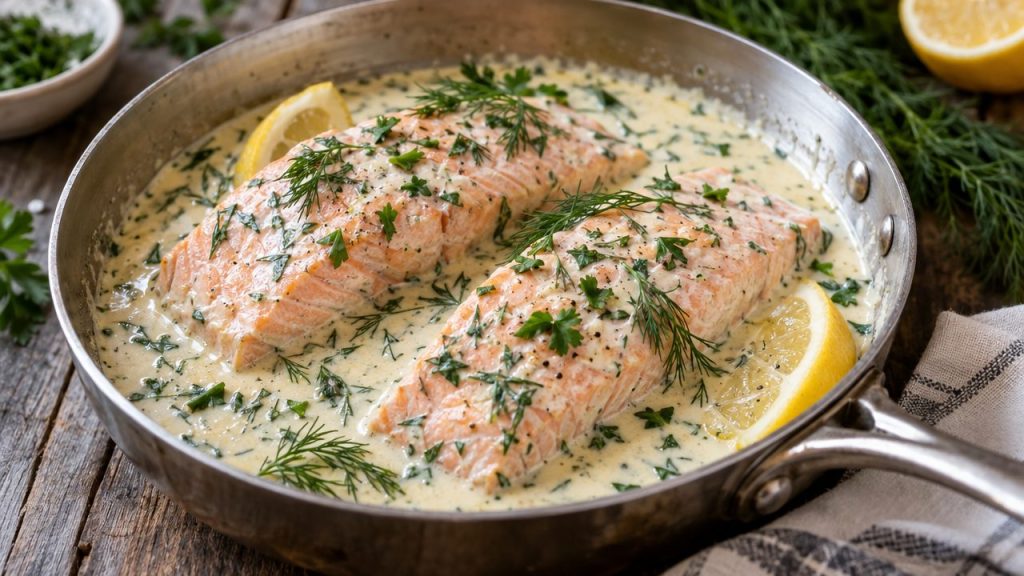 Keto Irish Poached Salmon in Cream Sauce, plated and ready to serve