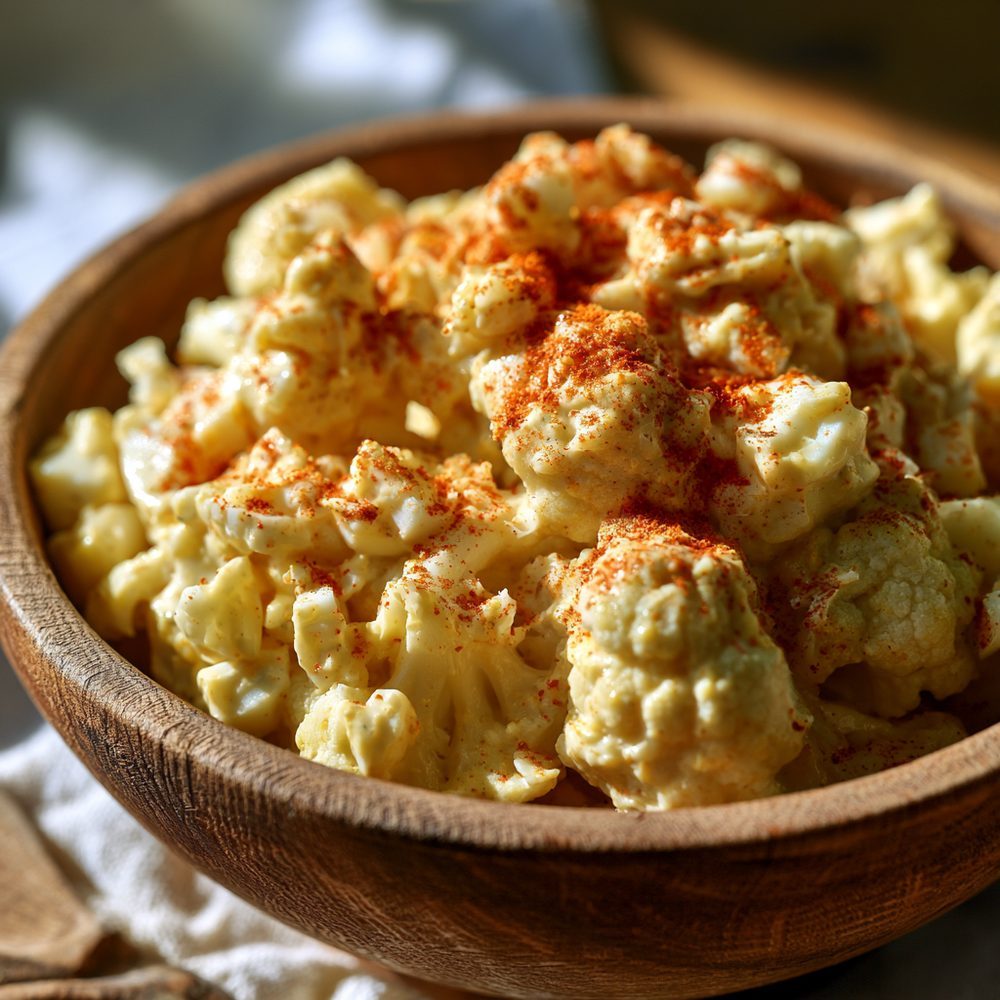 Cauliflower "Potato" Salad, Mustard Style, plated and ready to serve