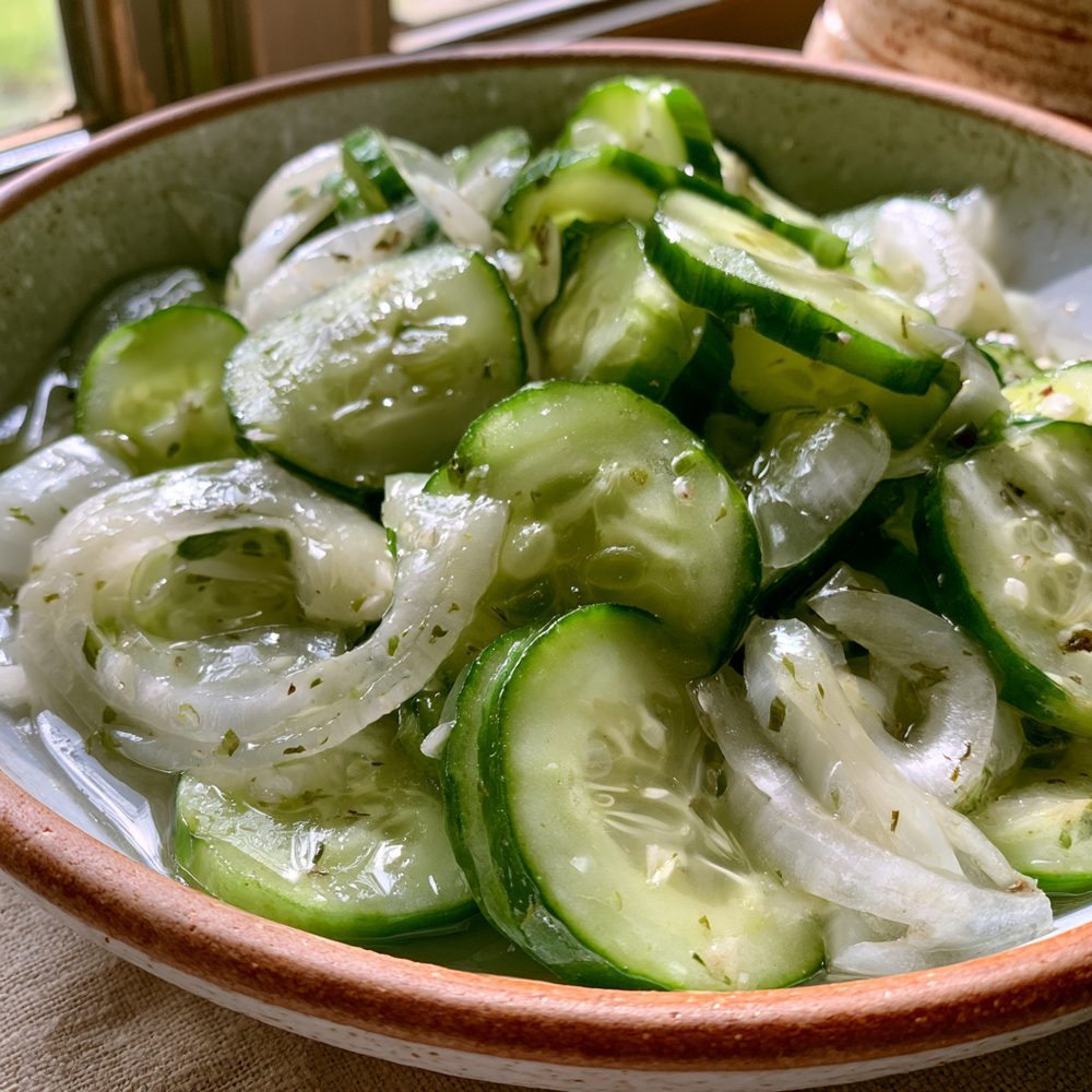 Cucumber and Vidalia Onion Salad, plated and ready to serve