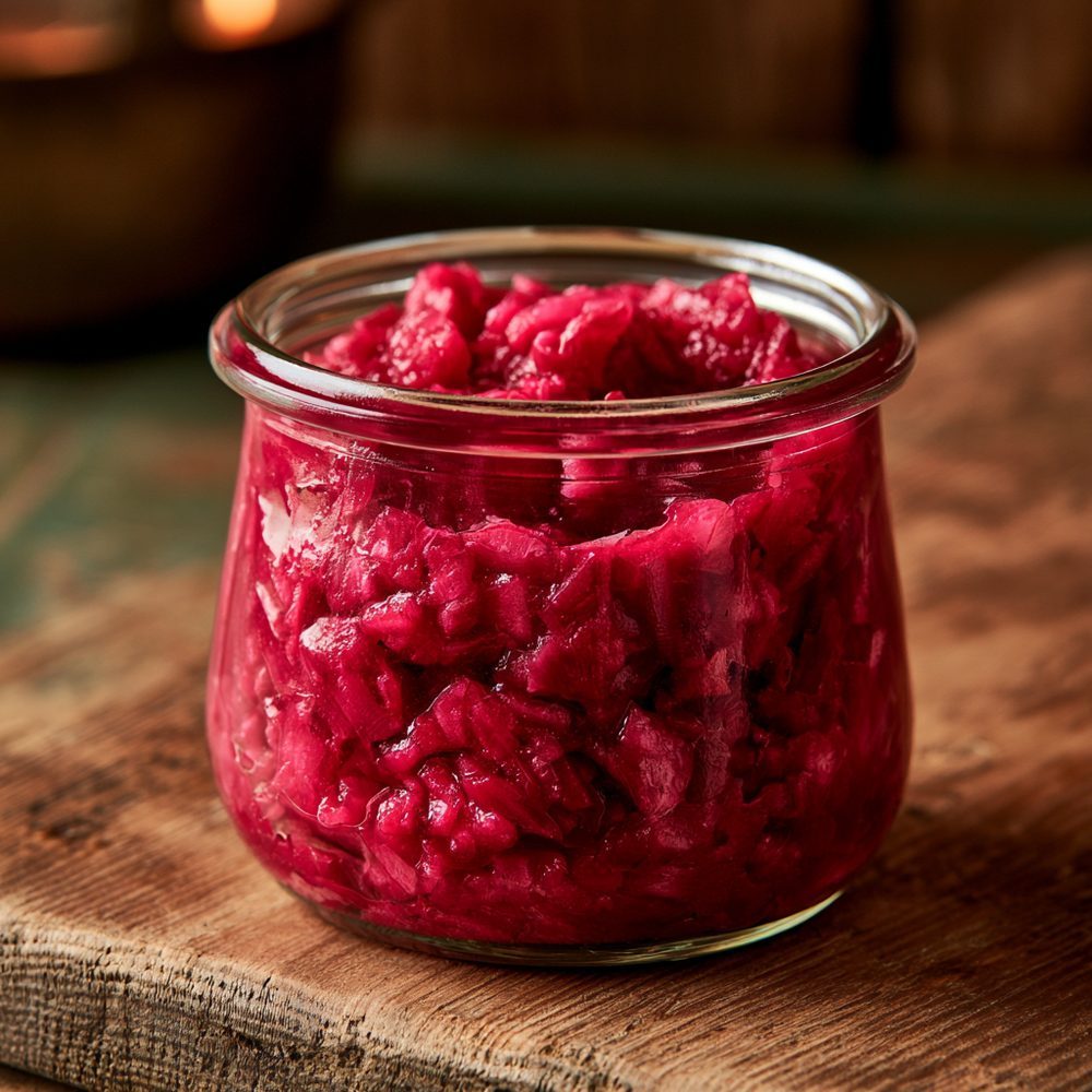 Horseradish and Beet Relish, plated and ready to serve